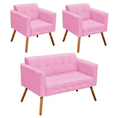 Kit 01 Namoradeira e 02 Poltronas Suede Pés Palito Rosa Bebê