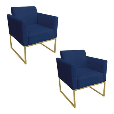 Kit 02 Poltronas Base Industrial Dourado Suede Marinho