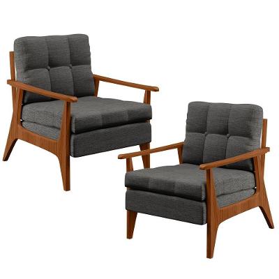Kit 02 Poltronas Encosto Ripado Linho Cinza Escuro