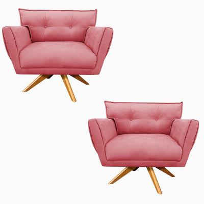 Kit 02 Poltronas Giratória Suede Base Madeira Rose