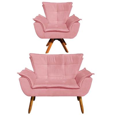 Kit 1 Namoradeira e 1 Poltrona Giratória Opala Suede Rose