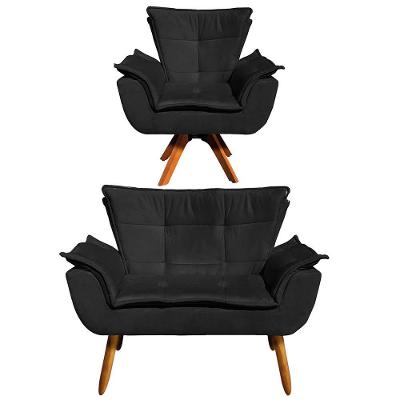 Kit 1 Namoradeira e 1 Poltrona Giratória Opala Suede Preto