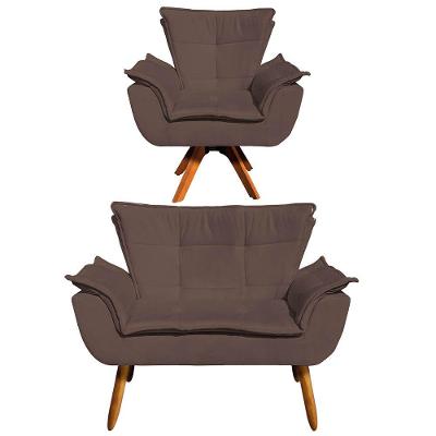 Kit 1 Namoradeira e 1 Poltrona Giratória Opala Suede Marrom