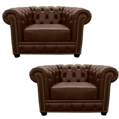 Kit 2 Poltronas Chesterfield com Pés Madeira Couro Capucino