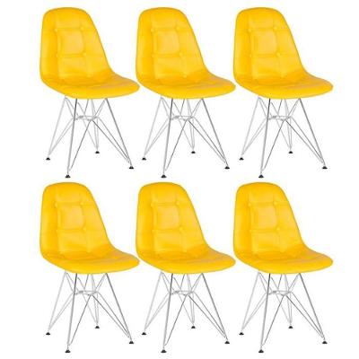Kit 6 Cadeiras Estofadas Charles Eames Eiffel Botonê Com Pés De Metal Cromado Amarelo Amarelo