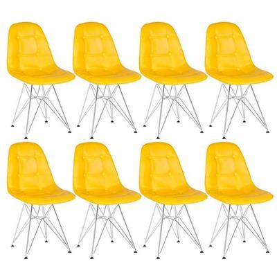Kit 8 Cadeiras Estofadas Charles Eames Eiffel Botonê Com Pés De Metal Cromado Amarelo Amarelo
