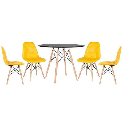 Mesa Redonda Eames 100 Cm Preto + 4 Cadeiras Estofadas Eiffel Botonê Amarelo Amarelo