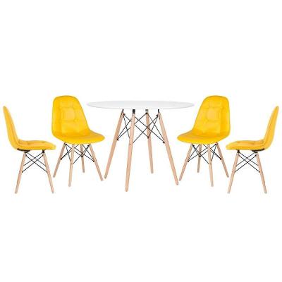 Mesa Redonda Eames 100 Cm Branco + 4 Cadeiras Estofadas Eiffel Botonê Amarelo Amarelo