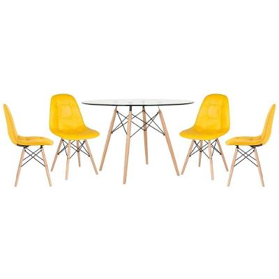 Mesa Eames Com Tampo De Vidro 120 Cm + 4 Cadeiras Estofadas Eiffel Botonê Amarelo Amarelo