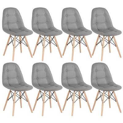 Kit - 8 X Cadeiras Estofadas Eames Eiffel Botonê - Base De Madeira Clara - Cinza