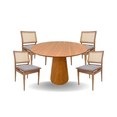 Conjunto Mesa De Jantar Cone 100 Cm Freijó Com 4 Cadeiras Madeira Maciça Tela Sextavada E Assento Em Linho Cor Marrom