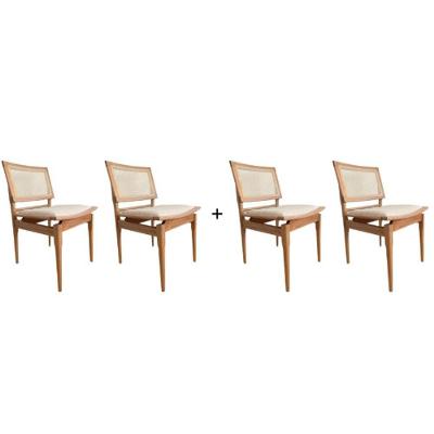 Conjunto De 4 Cadeiras Madeira Maciça Detalhe De Tela Sextavada E Assento Em Linho Cor Marrom