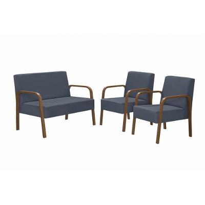 Conjunto Poltrona Jade Braço Madeira D Salla Suede Azul Bic