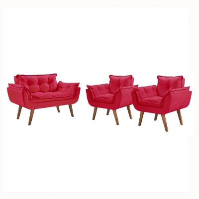 Conjunto Poltrona PÉs Madeira Opalla Suede Vermelho