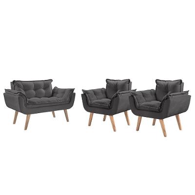 Conjunto Poltrona PÉs Madeira Opalla Suede Cinza