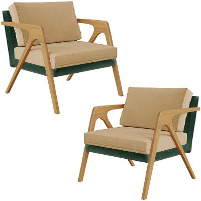 Kit 02 Poltronas Facto Verde Musgo Linho Bege Escuro