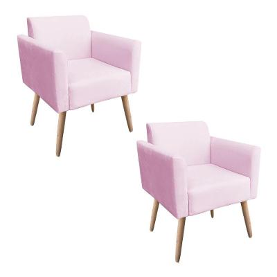 Kit 02 Poltronas Marisa Suede Pés Palito Natural Rosa Bebê