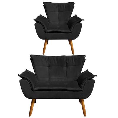 Kit 1 Namoradeira e 1 Poltrona Opala Suede Preto - Drossi