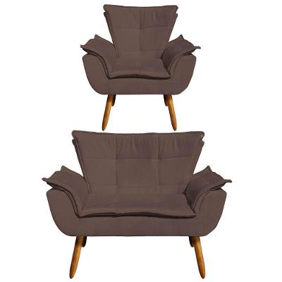 Kit 1 Namoradeira e 1 Poltrona Opala Suede Marrom - Drossi