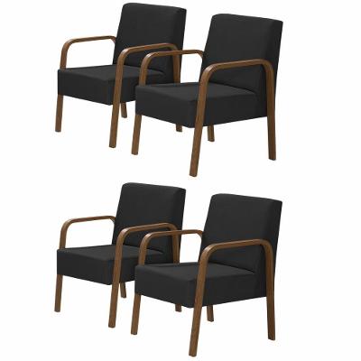 Kit 4 Poltronas 1 Lugar Jade Pé Madeira Suede Preto