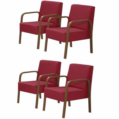 Kit 4 Poltronas 1 Lugar Jade Braço Madeira D Salla Vermelho