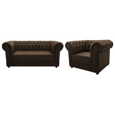 Kit Poltrona e Namoradeira Chesterfield Ana Suede Marrom