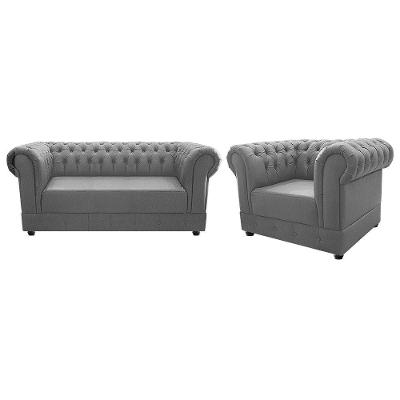 Kit Poltrona e Namoradeira Chesterfield Ana Suede Cinza
