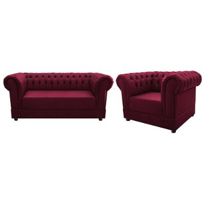 Kit Poltrona e Namoradeira Chesterfield Ana Suede Bordô