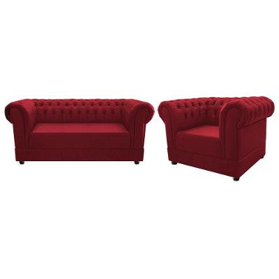 Kit Poltrona e Namoradeira Chesterfield Ana Suede Vermelho