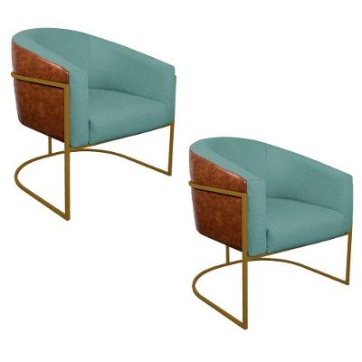 Kit 02 Poltronas Ferro Dourado Corano Nozes E Linho Azul Turquesa