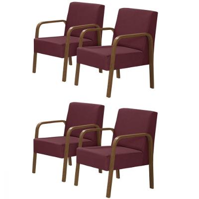 Kit 4 Poltronas 1 Lugar Jade Pé Madeira D Salla Suede Bordô.