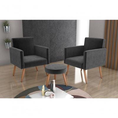 Conjunto 02 Poltronas Decorativas E 1 Puff Dallas - Chumbo
