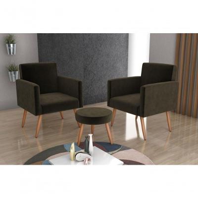 Conjunto 02 Poltronas Decorativas E 1 Puff Dallas - Marrom