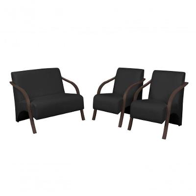 Conjunto Poltronas Vênus Braços Madeira Courino Preto