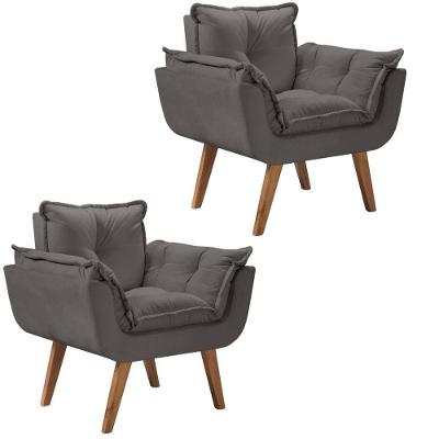 Kit 2 Poltronas Opalla Pés Palito 1 Lugar Cinza