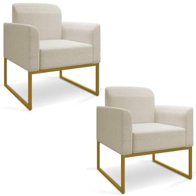 Kit 02 Poltronas Marisa Linho Base Industrial Metálica Dourado Cor A19 Grosso Bege