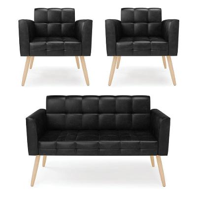 Kit 1 Sofá Namoradeira E 2 Poltronas Elisa Corano Pés Palito Natural - D'rossi Cor Preto