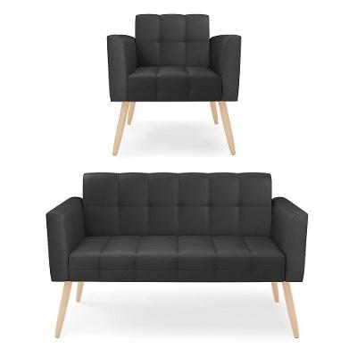 Kit 1 Sofá Namoradeira E 1 Poltrona Elisa Corino Pés Palito Natural - D'rossi Cor Preto