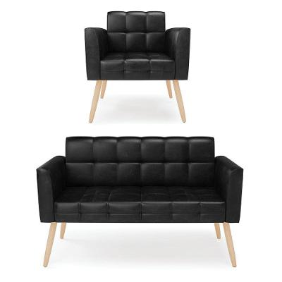 Kit 1 Sofá Namoradeira E 1 Poltrona Elisa Corano Pés Palito Natural - D'rossi Cor Preto