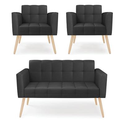Kit 1 Sofá Namoradeira E 2 Poltronas Elisa Corino Pés Palito Natural - D'rossi Cor Preto