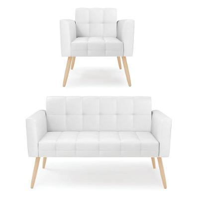 Kit 1 Sofá Namoradeira E 1 Poltrona Elisa Corino Pés Palito Natural - D'rossi Cor Branco