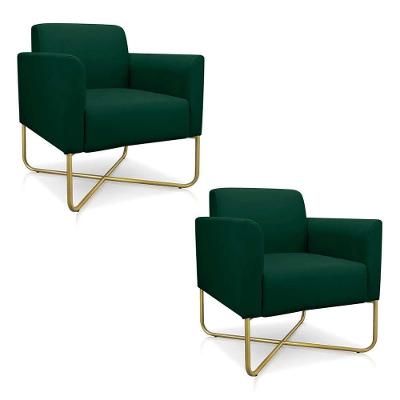 Kit 2 Poltronas Decorativas Base Industrial X Dourada Maressa S23 Suede Verde