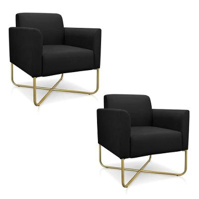 Kit 2 Poltronas Decorativas Base Industrial X Dourada Maressa S07 Suede Preto