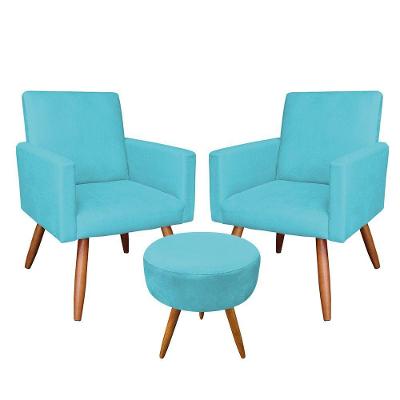 Kit 2 Poltronas E Puff Redonda Azul Turquesa e Castanho