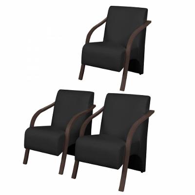 Kit3 Poltronas Vênus 1 Lugar Pé Madeira Dsalla Courino Preto.