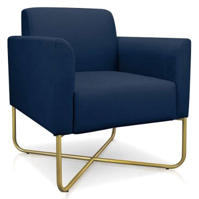 Poltrona Decorativa Base Industrial X Dourada Maressa S01 Suede Azul Marinho