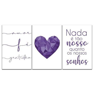Kit Placas Quadros Decorativos 3 pçs 20x30 Coração Violeta