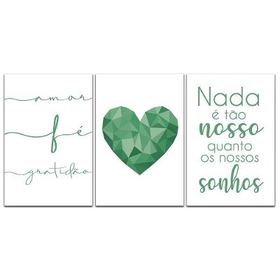 Kit Placas Quadros Decorativos 3 pçs 20x30 Coração Verde
