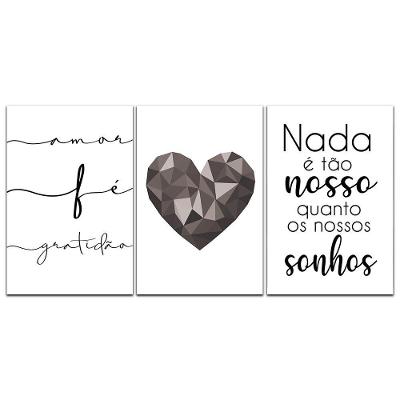 Kit Placas Quadros Decorativos 3 pçs 20x30 Coração Cinza