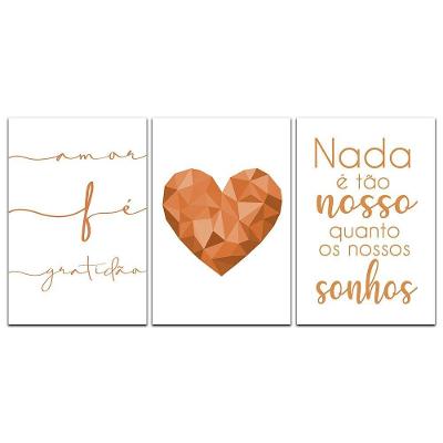 Kit Placas Quadros Decorativos 3 Pçs 20x30 Coração Cores